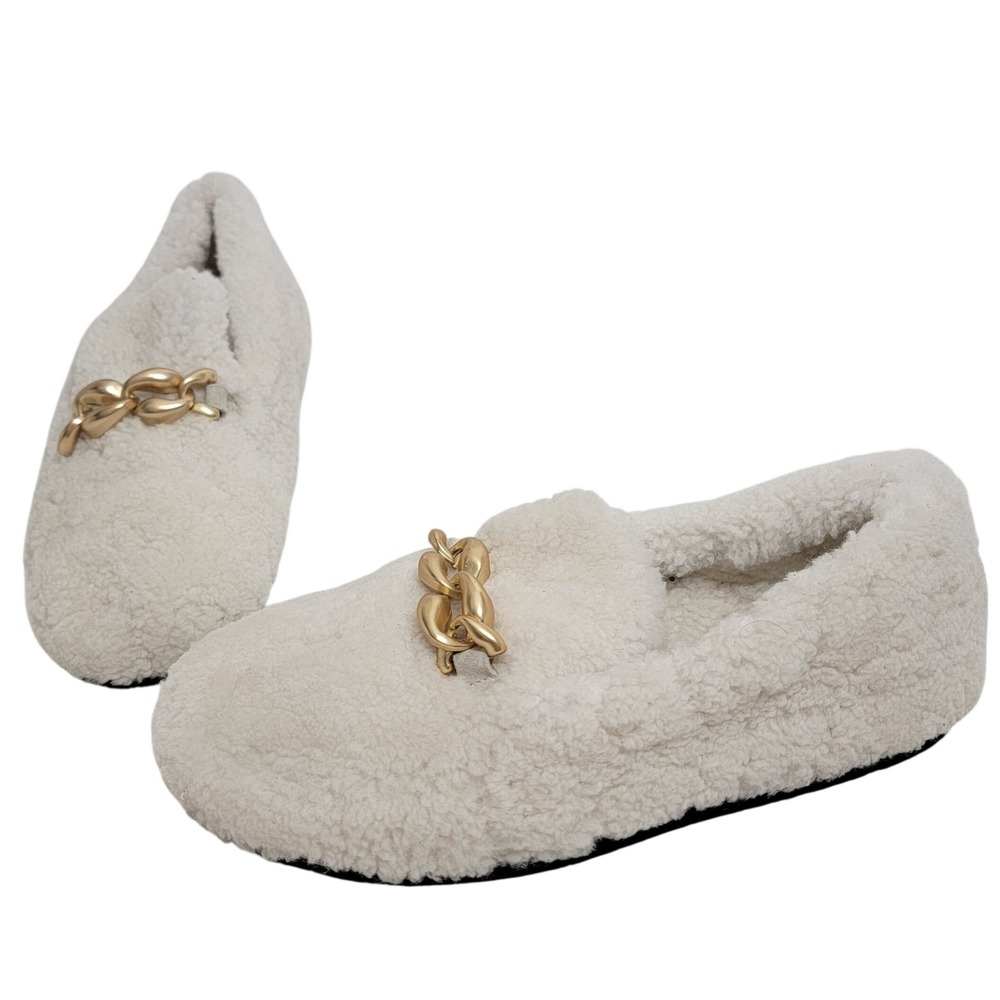 Antenora‎ Italy Designer Cream Shearling Gold Chain Loafers Shoes EU 40 US 9